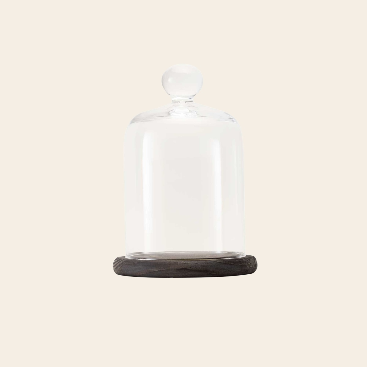 Campana de cristal soplado con base de madera oscura