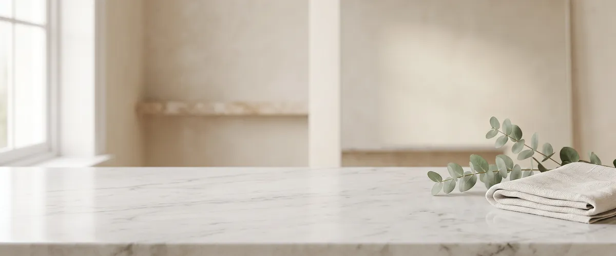 Ambiente de baño claro: encimera de mármol blanco bajo un arco, con una rama verde