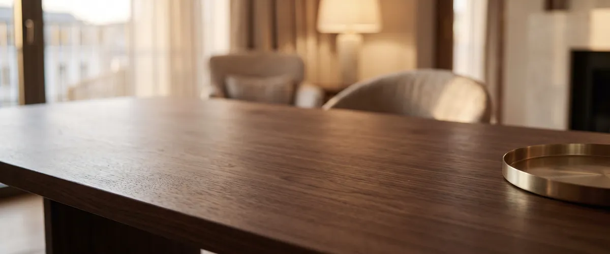 Ambiente de habitación de hotel: mesa de nogal con una lámpara encendida