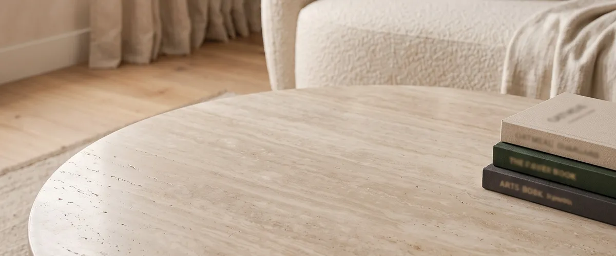 Ambiente de salón: mesa redonda de travertino junto a una butaca, con luz de ventana