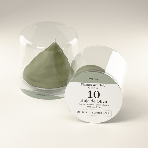 Vela de recambio Hoja de Olivo, de cera olivo, en su cápsula transparente: de pie y tumbada con su etiqueta