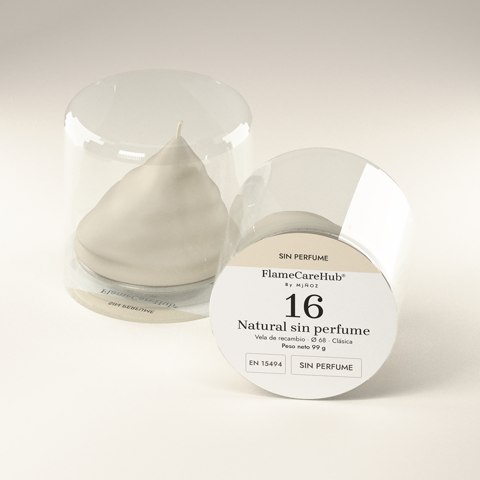 Vela de recambio Natural sin perfume, de cera natural, en su cápsula transparente: de pie y tumbada con su etiqueta
