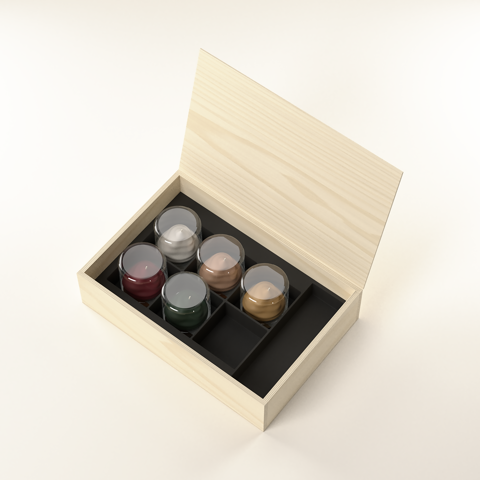 Estuche de 5 velas de recambio de 68 mm, vela clásica, en su maletín de madera de pino, cada una en su cápsula transparente