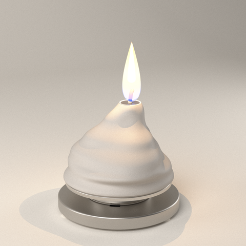 La vela encendida en su platillo de aluminio